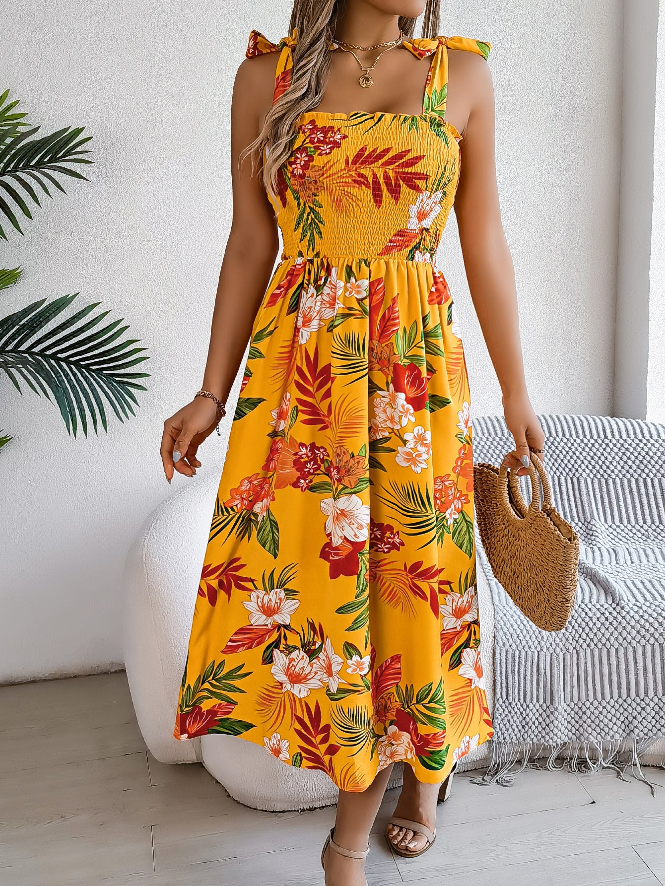 Long Flowers Print Suspender Corset Dress for the Ladies