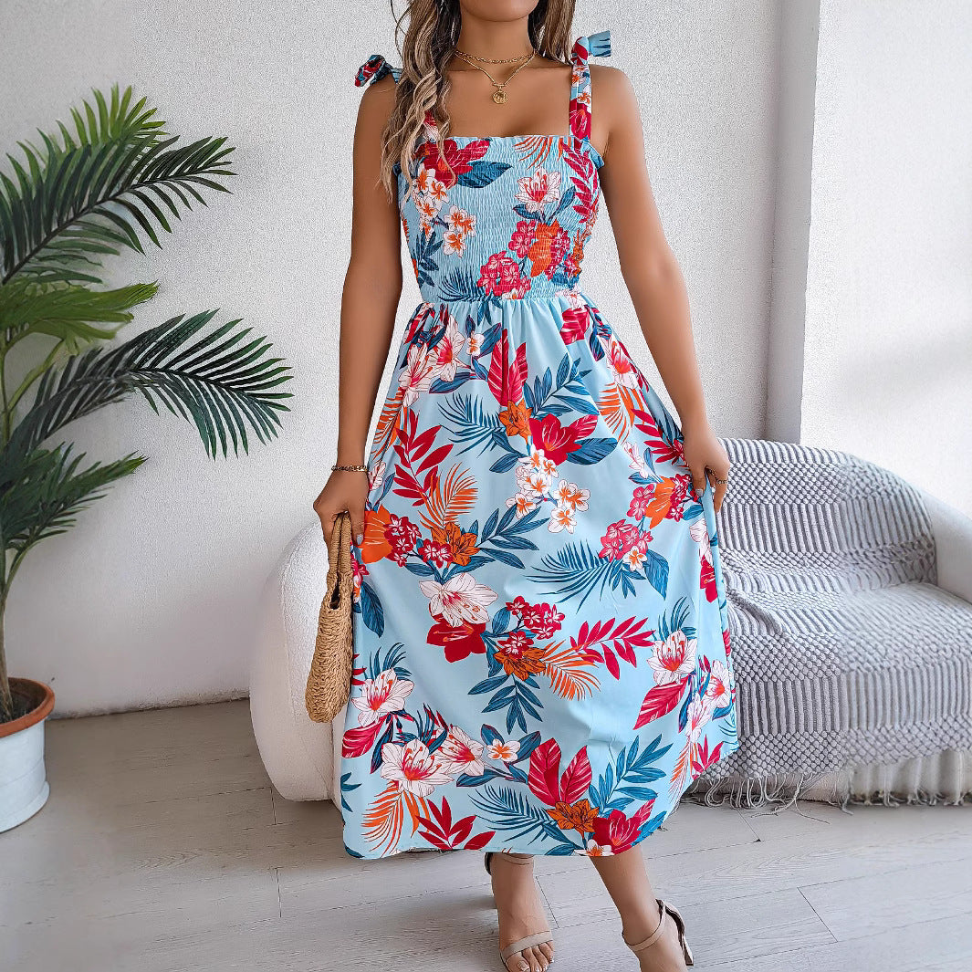 Long Flowers Print Suspender Corset Dress for the Ladies