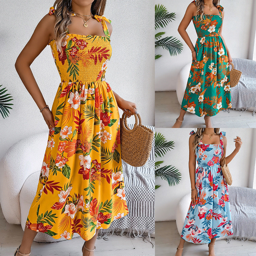 Long Flowers Print Suspender Corset Dress for the Ladies