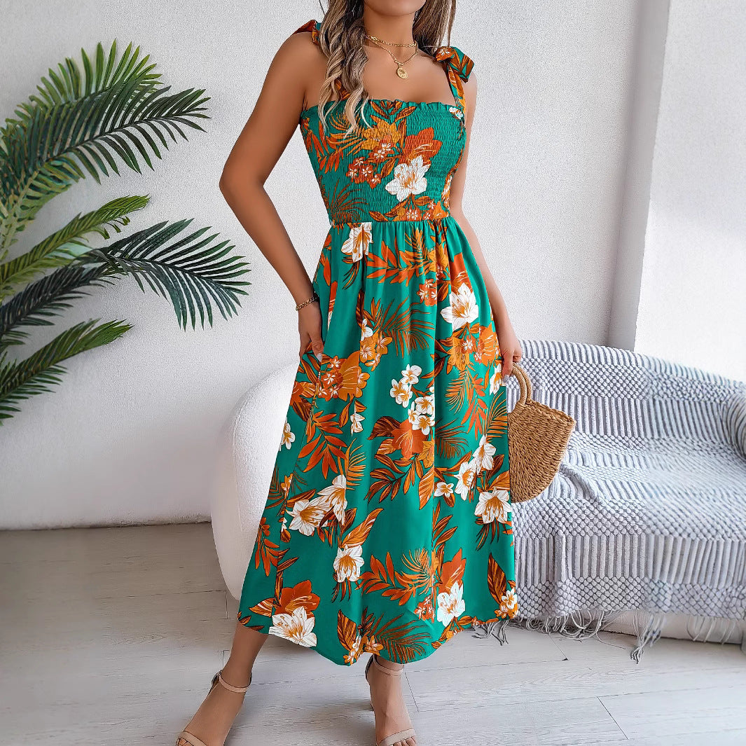 Long Flowers Print Suspender Corset Dress for the Ladies