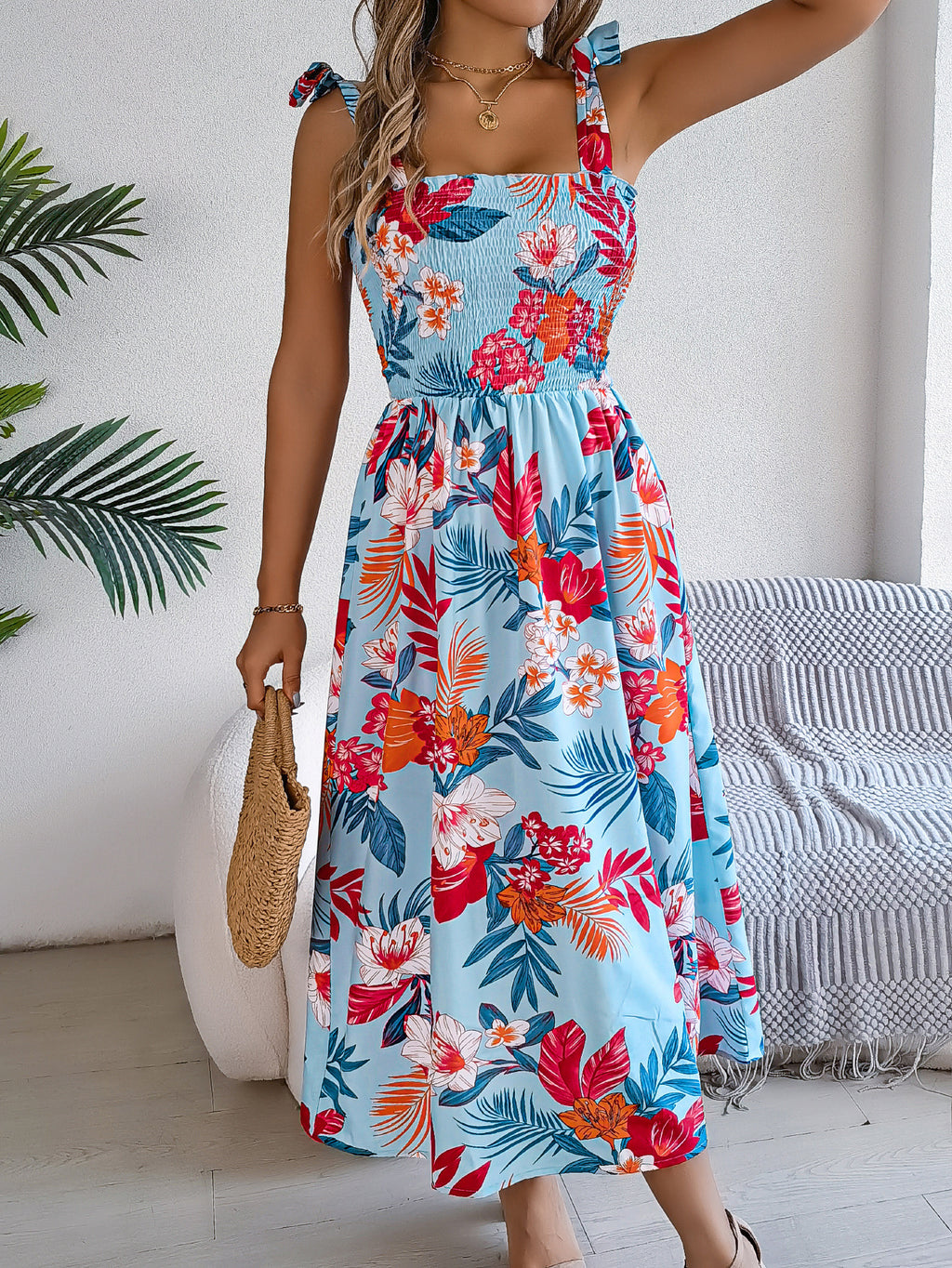 Long Flowers Print Suspender Corset Dress for the Ladies