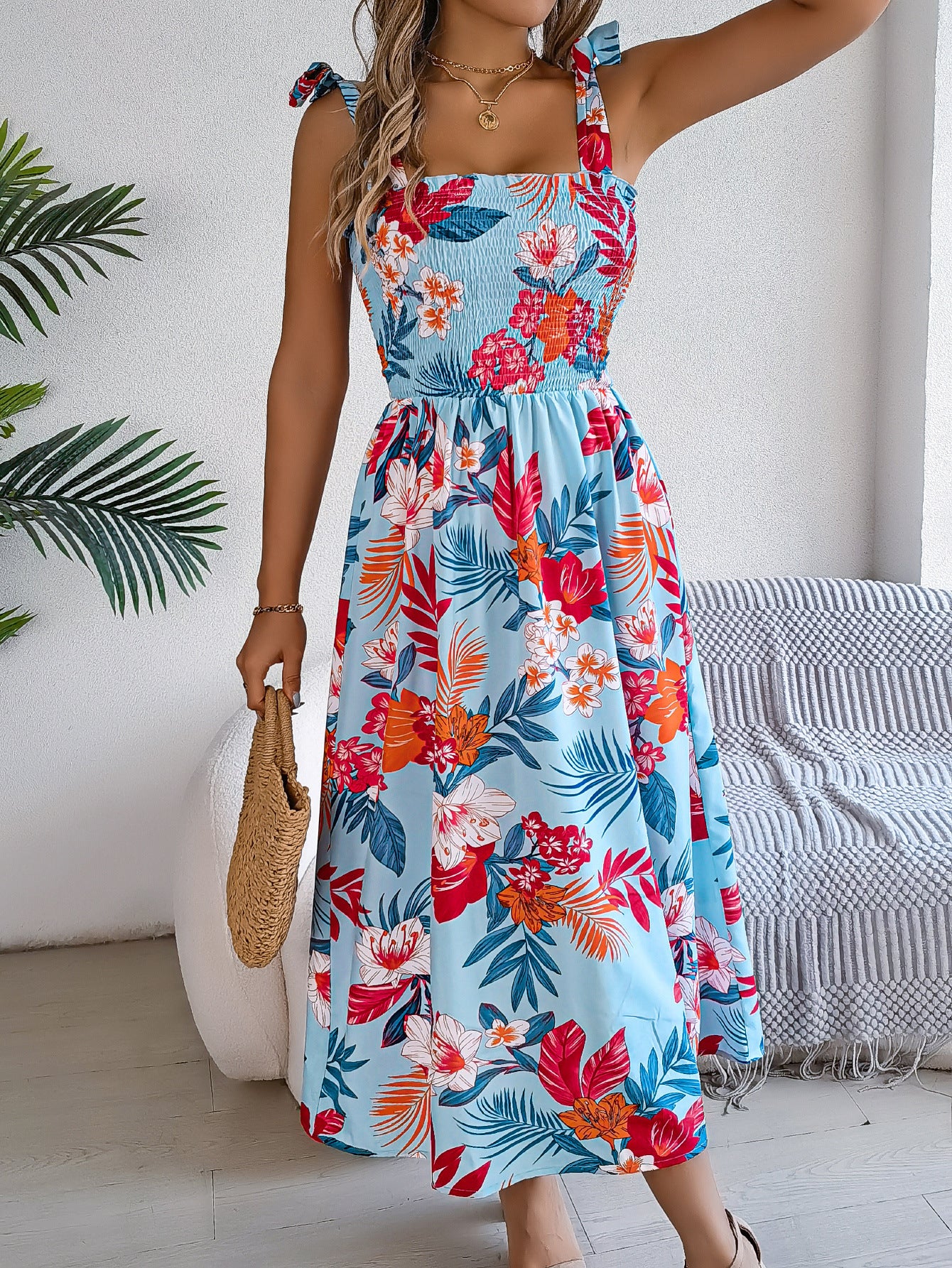 Long Flowers Print Suspender Corset Dress for the Ladies